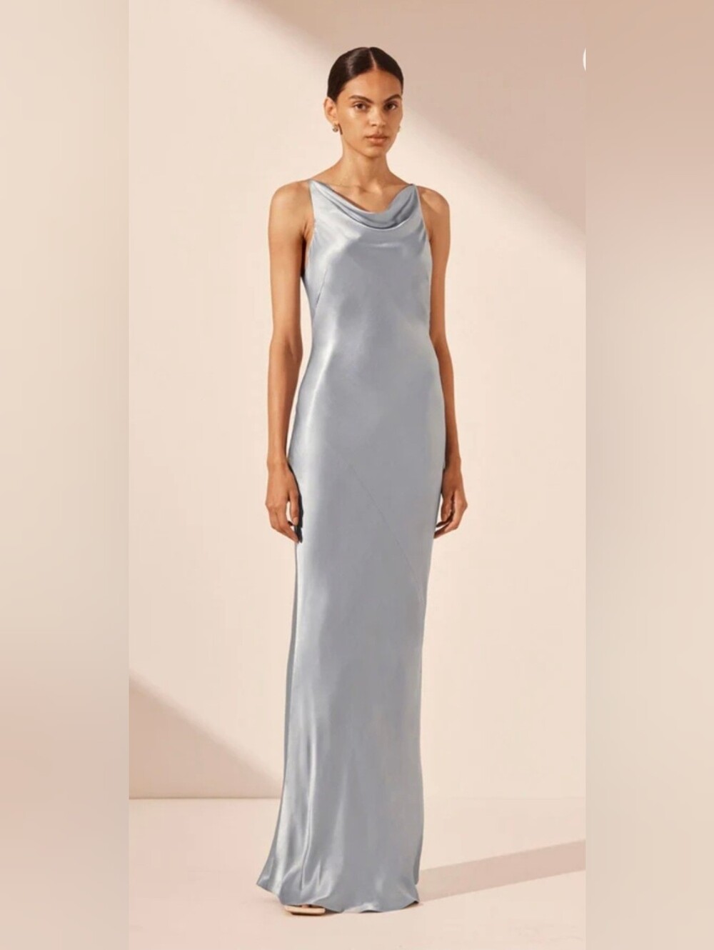 Shona Joy Silver-Gray Satin Cowl Neck Maxi Dress